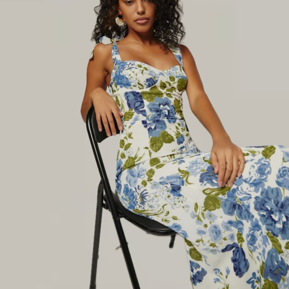 REFORMATION Nadira Lucca Floral Pattern Sleeveless Midi Dress (Blue/Cream/Green) - Picture 6 of 16